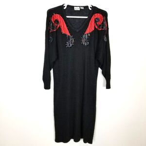 VTG Nilani Women Silk Angora Wool Knit Dress Sz 2X Black Embellished Party Event
